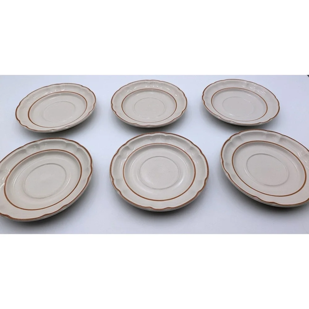 Gordella Collection Stoneware Saucers Set of 6 Japan Scalloped Edge Brown Rim